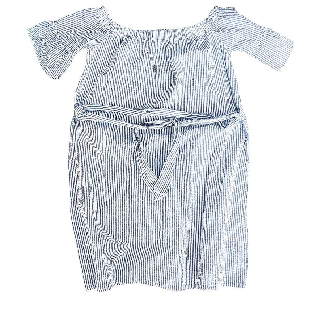 Pink Lemonade Seersucker Off Shoulder Dress Blue White Striped Belted Small